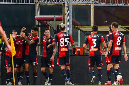 Genoa, Italy - 02 August, 2020: Cristian Romero (C) of Genoa CFC celebrates  after scoring a goal during the Serie A football match between Genoa CFC  and Hellas Verona. Genoa CFC won