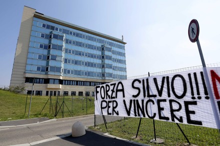 Banner for Silvio Berlusconi in front of San Raffaele Hospital, Milan, Italy - 05 Sep 2020