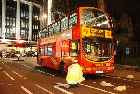 The Scene In Kensington Church Street After A Bus Was In Collision With A Pedestrian. A Young Woman Is In A Serious Condition In Hospital Today After Being Dragged Underneath A Double Decker In West London. She Was Hit While Crossing Kensington Churc