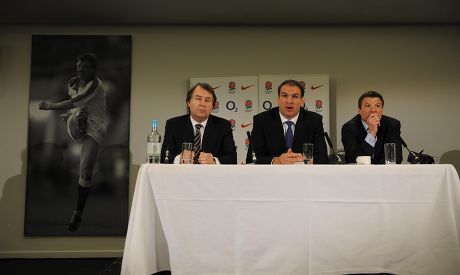 England Rugby Union Press Conference At Twickenham With Francis Baron (l) And Rob Andrew (r) With Martin Johnson (c) As The New England Mananger.