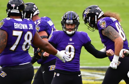 Baltimore Ravens place kicker Justin Tucker (9) celebrates with