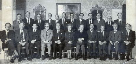 Conservative Party Pictured In 1983. Picture Shows The Cabinet At Downing Street. Back Row (l-r) John Wakeman (chief Whip) Michael Jopling (agriculture) Lord Cockfield (chancellor Of The Duchy Of Lancaster) Norman Tebbit (secretary For The State Of E