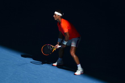 Rafael Nadal of Spain in action against Laslo Dere of Serbia during their first round men's singles match of the Australian Open tennis tournament at Melbourne Park in Melbourne, Australia, 09 February 2021.