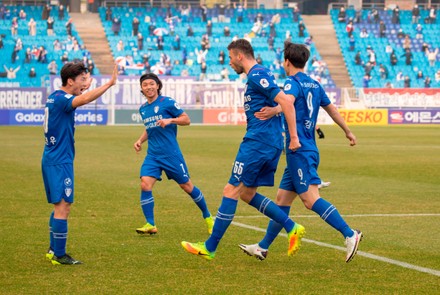 (L-R) Kim Min-Woo, Ko Seung-Beom, Uros Deric, Kim Gun-Hee (Suwon Samsung Bluewings FC) - Football / Soccer : Serbian Uros Deric of Suwon Samsung Bluewings FC celebrates after scoring a goal during the 4th round of the 2021 K League 1 soccer match between Suwon Samsung Bluewings FC 1:1 Gangwon FC at the Suwon World Cup Stadium in Suwon, south of Seoul, South Korea.
