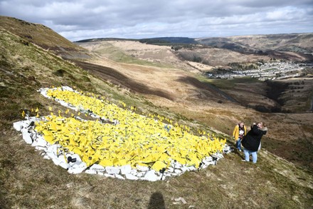 Covid tribute heart on hillside, Rhondda, Wales - 24 Mar 2021