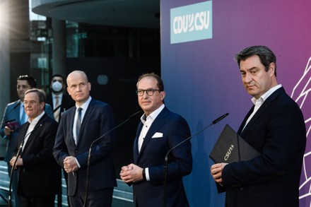 Press conference during CDU/CSU closed door meeting in Berlin, Germany - 11 Apr 2021