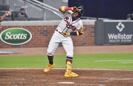 May 08, 2021: Atlanta Braves infielder Pablo Sandoval celebrates as he runs  down the first baseline after hitting a game tying home run during the  ninth inning of a MLB game against