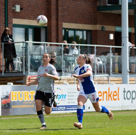 Jess King (#9 Charlton Athletic) and Chelsey Jukes (#2 Blackburn Rovers) in an ariel challenge during the FA Womens Cup game between Blackburn Rovers and Charlton at The County Ground in Leyland, England
