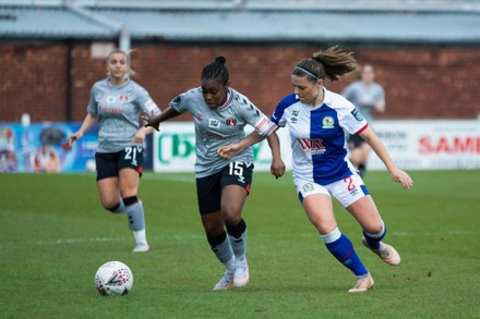 Angela Dunbar-Bonnie (#15 Charlton Athletic) and Chelsey Jukes (#2 Blackburn Rovers) challenge for the ball during the FA Womens Cup game between Blackburn Rovers and Charlton at The County Ground in Leyland, England
