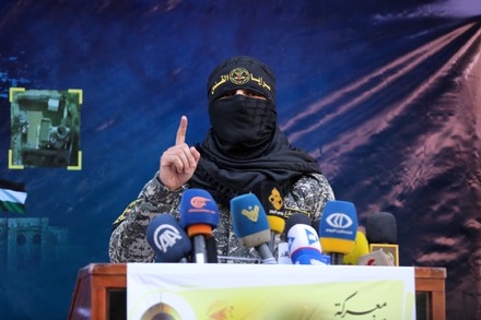 Spokesman for the Al-Quds Brigades, Abu Hamza, speaks during a press conference after a ceasefire brokered by Egypt between Israel and Hamas, in Gaza city, Gaza city, Gaza Strip, Palestinian Territory - 21 May 2021