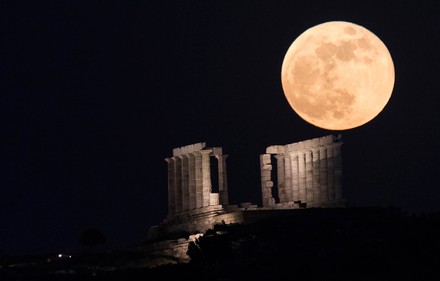 Full Moon Seen Over Temple Poseidon Editorial Stock Photo - Stock Image ...