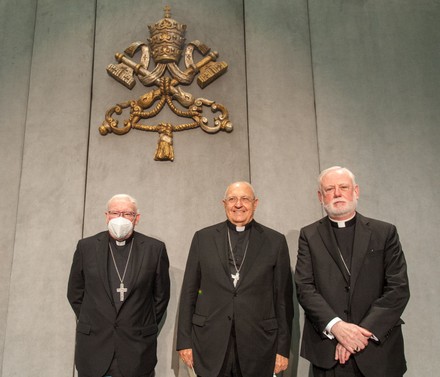Msgr. Brian Farrell (L) Card. Leonardo Sandri (C) and Msgr. Paul Richard Gallagher (R), during press conference to present the Day of Reflection and Prayer for Lebanon, at the Holy See Press Office in the Vatican.