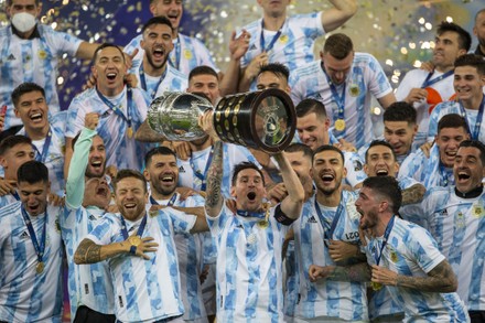 Rio De Janeiro, Brazil. 10th July, 2021. Lionel Messi and Argentina  celebrate with trophy after winning the final of Copa America 2021 a  football match between Argentina and Brazil 1-0 with the