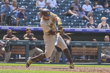 August 18 2021: San Diego center fielder Trent Grisham (2) gets a hit  during the game with San Diego Padres and Colorado Rockies held at Coors  Field in Denver Co. David Seelig/Cal