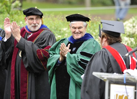 Gingrich, Arnold applaud during commencement at Eureka College, Illinois, United States - 14 May 2011