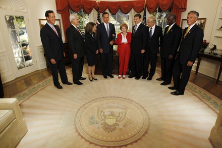 Nancy Reagan greets presidential candidates before the Republican debate at the Ronald Reagan Presidential Library in Simi Valley, California, United States - 07 Sep 2011
