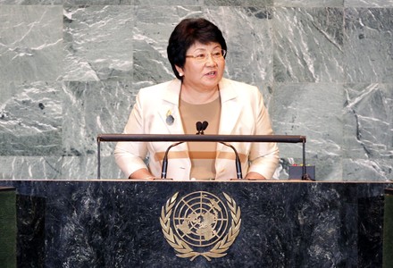 Ms. Roza Otunbayeva, President of the Kyrgyz Republic, addresses at the 66th United Nations General Assembly at the UN in New York, United States - 22 Sep 2011