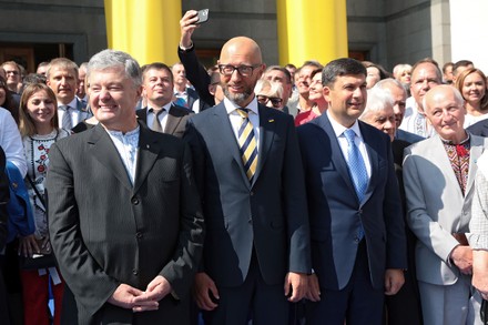 Fifth President of Ukraine Petro Poroshenko, former Prime Ministers of Ukraine Arseniy Yatsenyuk and Volodymyr Groysman (L to R) are pictured outside the Ukrainian parliament building during the solemn Verkhovna Rada sitting celebrating 30 years since the adoption of the Act of Declaration of Independence of Ukraine, Kyiv, capital of Ukraine.