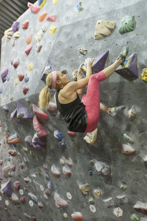 World Champion climber Sasha DiGiulian, USA, gives a climbing and bouldering demonstration at THE HIVE Bouldering Gym in Vancouver, British Columbia, February 6, 2014.  She will be the Keynote Speaker of the Vancouver International Mountain Film Festival on the Opening Night, Friday, February 7, 2014.