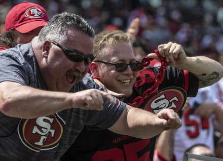 Santa Clara, United States. 29th Aug, 2021. Las Vegas Raiders Dillon Stoner  (16) tries tto hold off San Francisco 49ers Eli Mitchell (49) on the  opening kickoff at Levi's Stadium in Santa