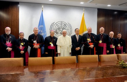 Pope Francis with Secretary General Ban Ki-moon, Cardinal Timothy M. Dolan at the UN, New York, United States - 25 Sep 2015