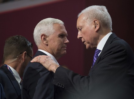 VP choice Pence greets Utah Sen. Hatch at the Republican National Convention in Cleveland, Ohio, United States - 18 Jul 2016