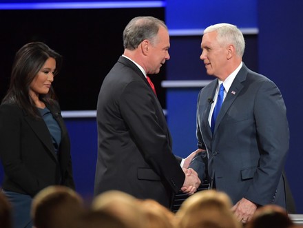 Mike Pence greets Tim Kaine at the Vice Presidential Debate at Longwood Univserity, United States, Virginia - 04 Oct 2016