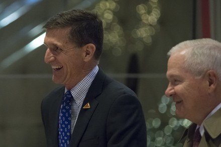 Gen. Flynn and Robert Gates in Trump Tower lobby in New York, United States - 01 Dec 2016