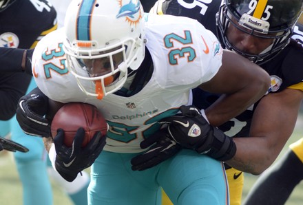 Miami Dolphins free safety Bacarri Rambo (30) brings down Pittsburgh  Steelers running back Le'Veon Bell (26) as Miami Dolphins outside  linebacker Neville Hewitt (46) and Miami Dolphins cornerback Ifo  Ekpre-Olomu (33) closes