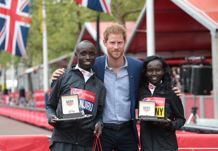 Kenyan Daniel Wanjiru His Royal Highness Prince Harry and Kenyan Mary Keitany winners of the 2017 London Marathon, Gbr, England - 23 Apr 2017