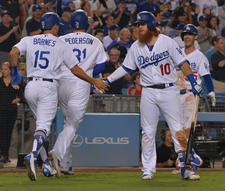 Austin Barnes of the Los Angeles Dodgers celebrates with Justin