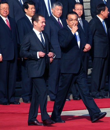 Russian Medvedev and Chinese Li attend a welcoming ceremony in Beijing, China - 01 Nov 2017