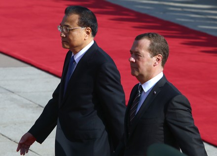 Russian Medvedev and Chinese Li attend a welcoming ceremony in Beijing, China - 01 Nov 2017