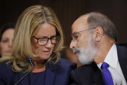 Professor Christine Blasey Ford confers with attorney Bromwich while appearing before a Senate Judiciary Committee confirmation hearing on Capitol Hill in Washington, District of Columbia, United States - 27 Sep 2018