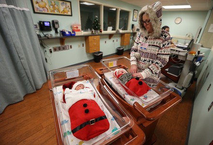 New born babies are placed in Christmas stockings, Chesterfield, Missouri, United States - 25 Dec 2018