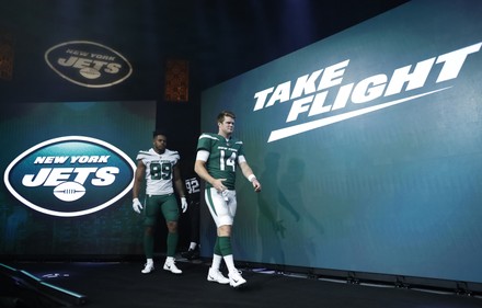 New York Jets new NFL football uniforms are on display when the New York  Jets host a Uniform Launch Event at Gotham Hall in New York City on April  4, 2019. This