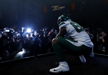 New York Jets new NFL football uniforms are on display when the New York  Jets host a Uniform Launch Event at Gotham Hall in New York City on April  4, 2019. This