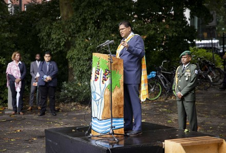 Chan Santokhi, President of Suriname, visits the Slavery Monument in Oosterpark, Amsterdam, Netherlands - 11 Sep 2021