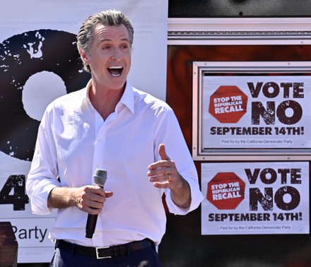 California Democratic Gov. Gavin Newsom addresses Latino supporters and community leaders during a vote no recall rally at Chef Robert Catering in Sun Valley, a neighborhood in Los Angeles on Sunday, September 12, 2021. Two days before the recall election, leading candidate Larry Elder appeared with actress Rose McGowan who says Gov. Gavin Newsom's wife Siebel Newsom tried to suppress her rape claims against disgraced director Harvey Weinstein.