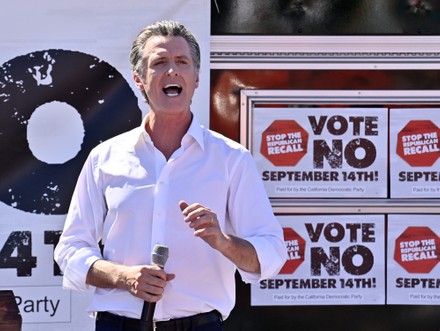 California Democratic Gov. Gavin Newsom addresses Latino supporters and community leaders during a vote no recall rally at Chef Robert Catering in Sun Valley, a neighborhood in Los Angeles on Sunday, September 12, 2021. Two days before the recall election, leading candidate Larry Elder appeared with actress Rose McGowan who says Gov. Gavin Newsom's wife Siebel Newsom tried to suppress her rape claims against disgraced director Harvey Weinstein.