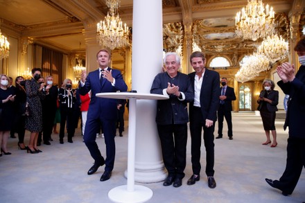 Macron inaugurates the exhibition 'Pavoise : travail in situ' by Daniel Buren, Paris, France - 13 Sep 2021
