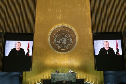 Norway's Prime Minister Erna Solberg remotely addresses the 76th Session of the U.N. General Assembly in New York City, United States - 22 Sep 2021