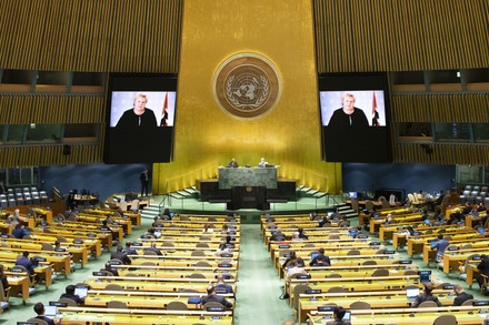 Norway's Prime Minister Erna Solberg remotely addresses the 76th Session of the U.N. General Assembly in New York City, United States - 22 Sep 2021