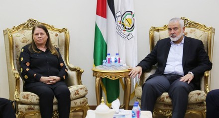 The head of the Hamas Political Bureau Ismail Haniyeh meets with Fadwa Barghouti, the wife of Palestinian Marwan Barghouti, in Israeli custody for nearly two decades, Cairo, Egypt - 07 Oct 2021