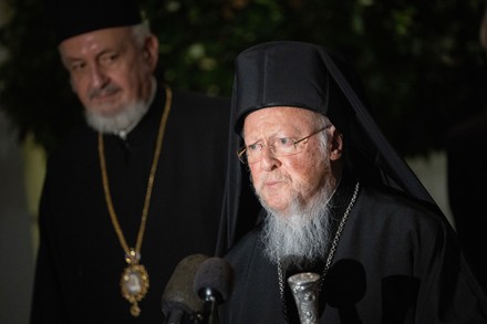Ecumenical Patriarch Bartholomew I of Constantinople makes a statement to the media, Washington, USA - 25 Oct 2021