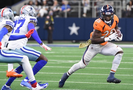 Arlington, United States. 07th Nov, 2021. Denver Broncos Albert Okwuegbunam  gets wrapped up by Dallas Cowboys Jourdan Lewis following a short catch  during their NFL game at AT&T Stadium in Arlington, Texas