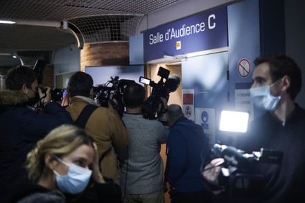 French Media Stand Outside Courtroom During Editorial Stock Photo