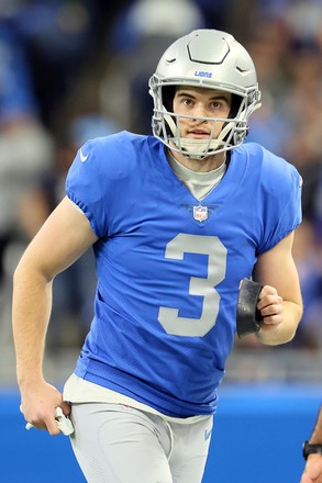 Detroit Lions punter Jack Fox (3) kicks off against the Seattle