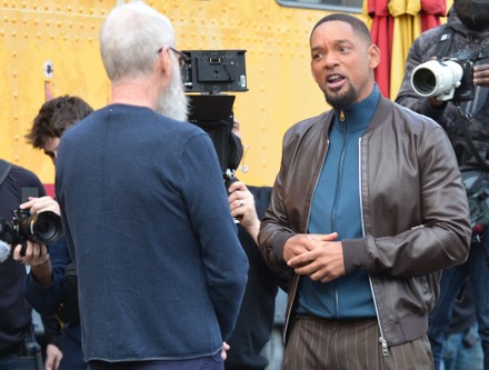 Will Smith gets very animated as he is spotted being interviewed by David Letterman at Carney's Hot Dogs in West Hollywood, Los Angeles, California, USA - 13 Jan 2022