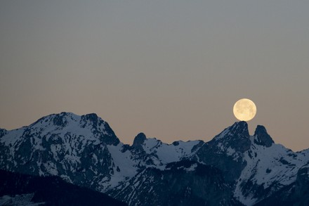 Full moon in the Alps, Fenalet Sur Bex, Switzerland - 18 Jan 2022